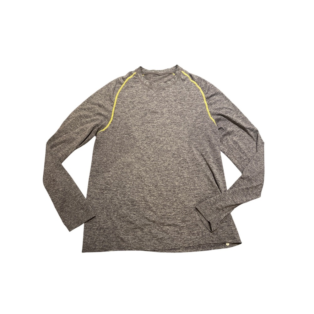 Lululemon Long Sleeve Athletic Shirt Heathered Gray Yellow Trim Men's Medium - Picture 1 of 8
